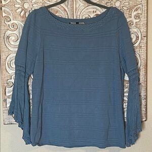 White House Black Market Slate Blue Crochet-Trim Bell Sleeve Tunic